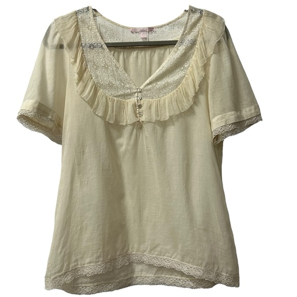 Rebecca Taylor Women’s Sheer Lightweight Lace‎ Detail Ruffled Peasant Top Sz 12 - Picture 1 of 8